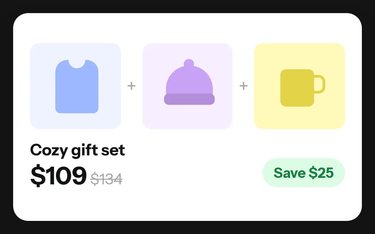 BFCM offer strategy: a cozy gift set of a hoodie, beanie and mug for $109 instead of $134, saving $25