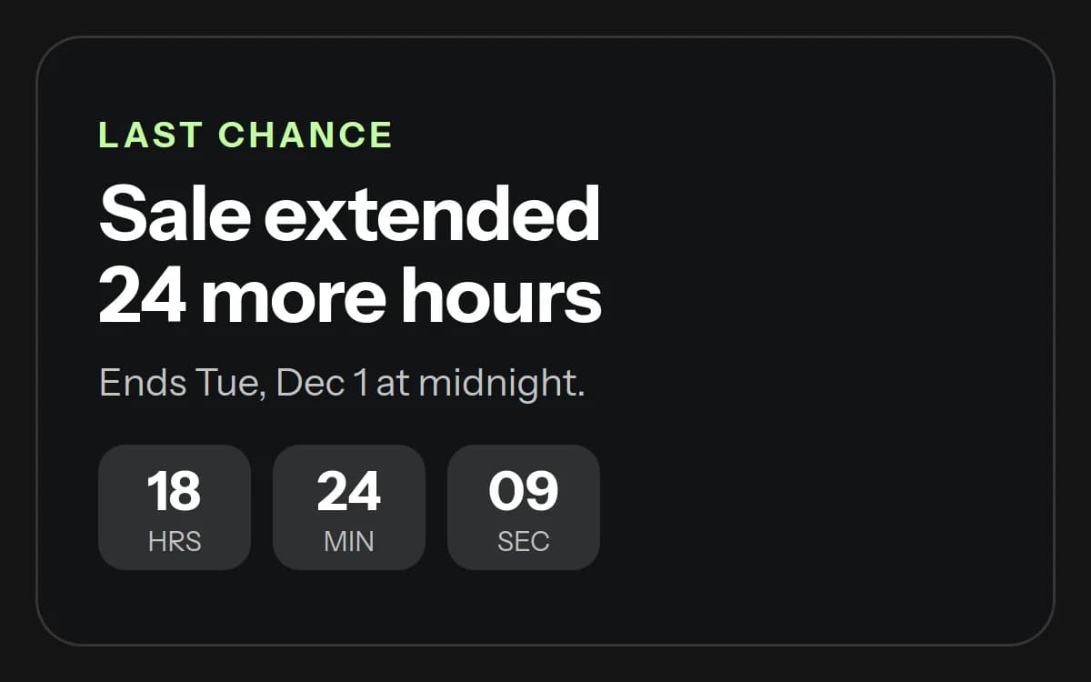 BFCM offer strategy: a last-chance banner saying the sale is extended 24 more hours, ending Tue, Dec 1 at midnight