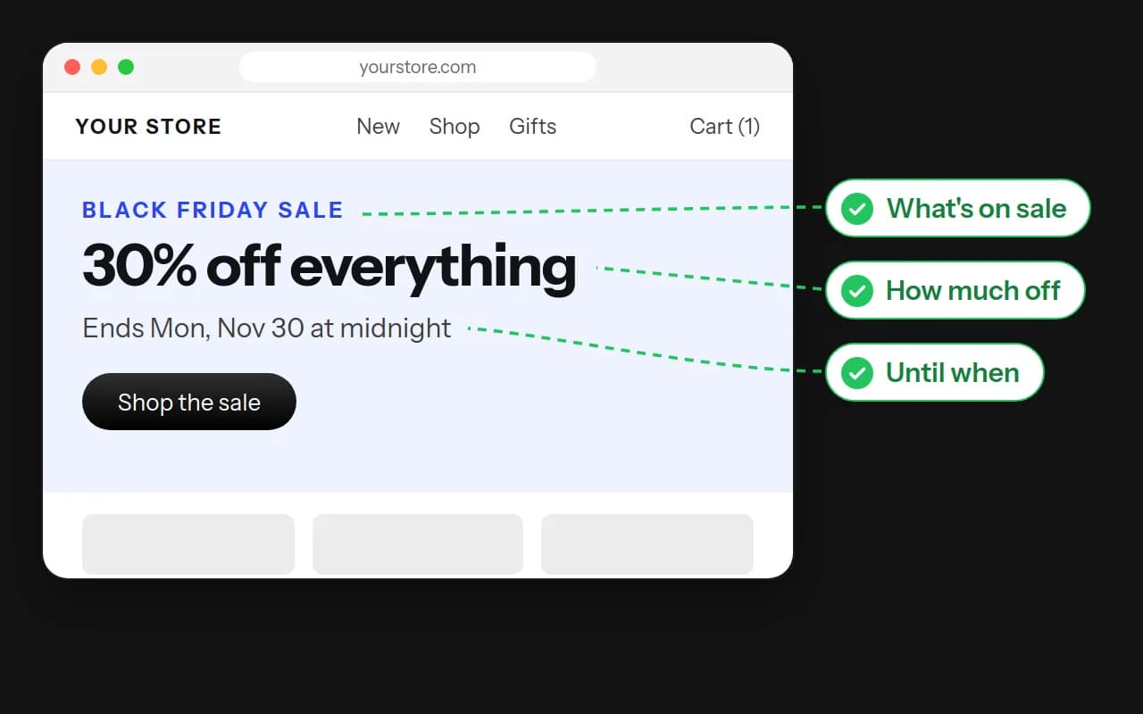 BFCM CRO fix: a home page hero reading "Black Friday sale, 30% off everything, ends Mon, Nov 30 at midnight"